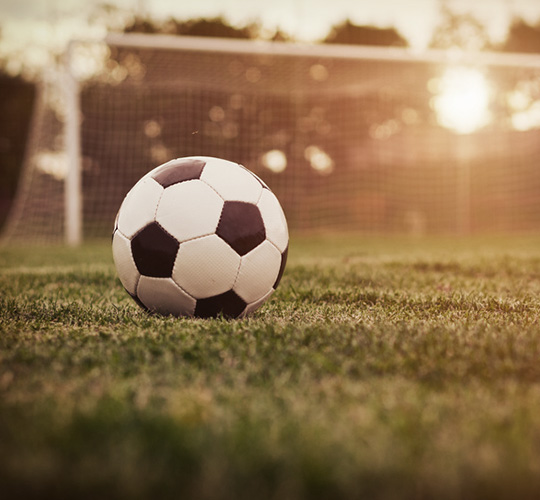 Fußball auf einer grünen Wiese bei Sonnenuntergang im Hintergrund ein Tornetz